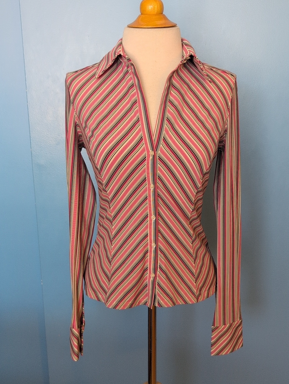 Express Chevron Striped Red Long-Sleeve Button-Down Women's Fitted Top Size S